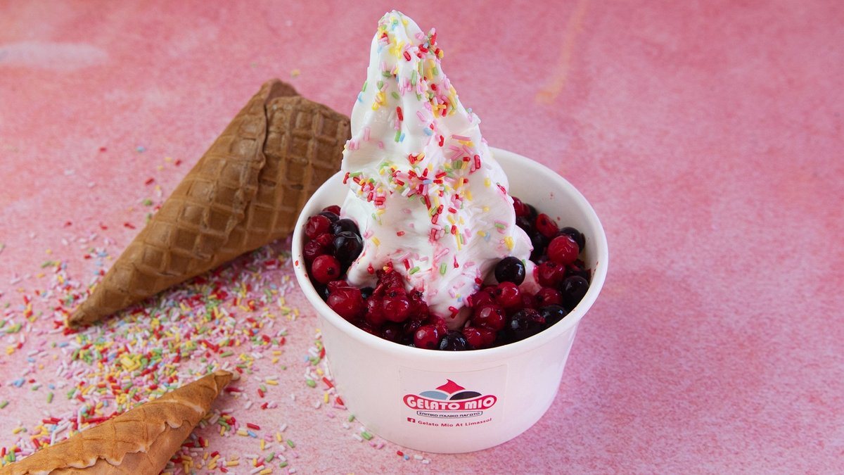 Frozen yogurt cup with berries and a cone